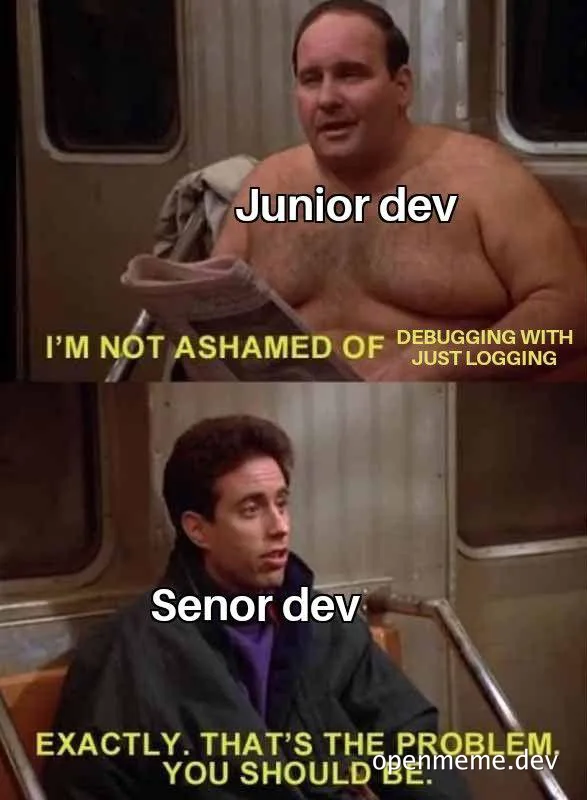junior vs senior developer debugging with logging meme