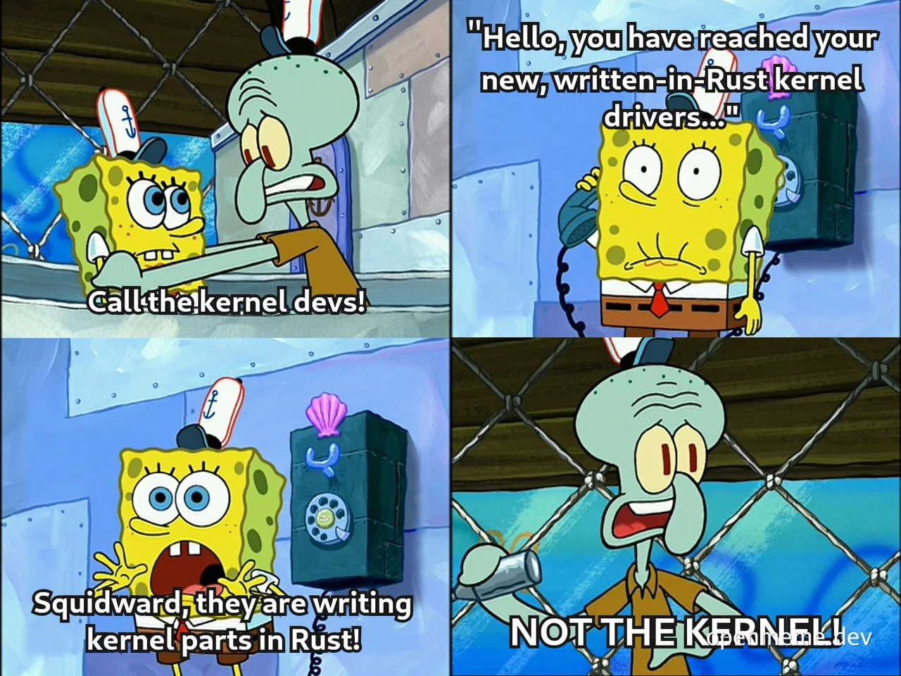 SpongeBob and Squidward meme about writing kernel parts in Rust