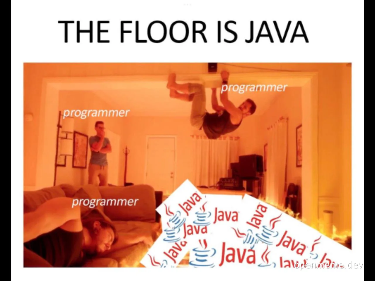 programmers jumping on a couch with a humorous take on Java