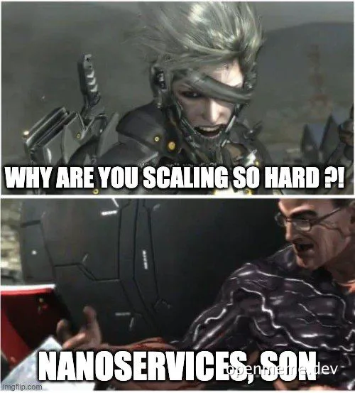 DevOps character asks why scaling is hard, and another character replies nanoservices son