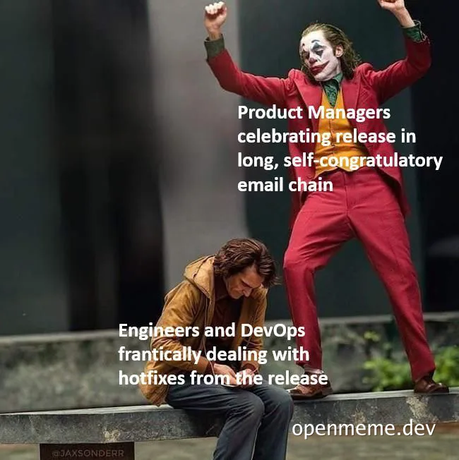 Joker celebrating while a man sits dejectedly on a bench, representing product managers vs engineers and devops after a release