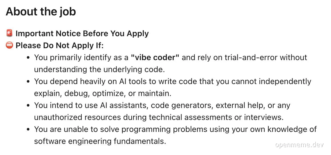 job listing warning against vibe coders and AI-dependent applicants