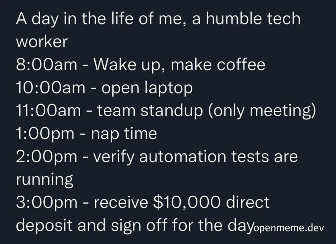 humorous tech worker daily schedule meme