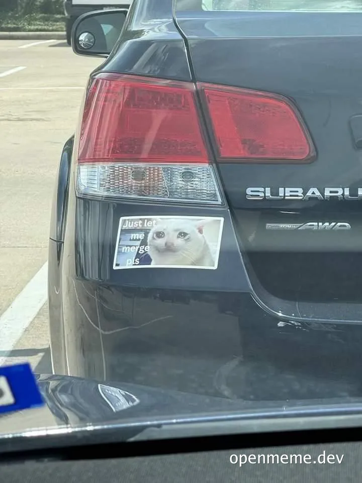 a sticker on a car with a cat and the text 'Just let me merge pls'