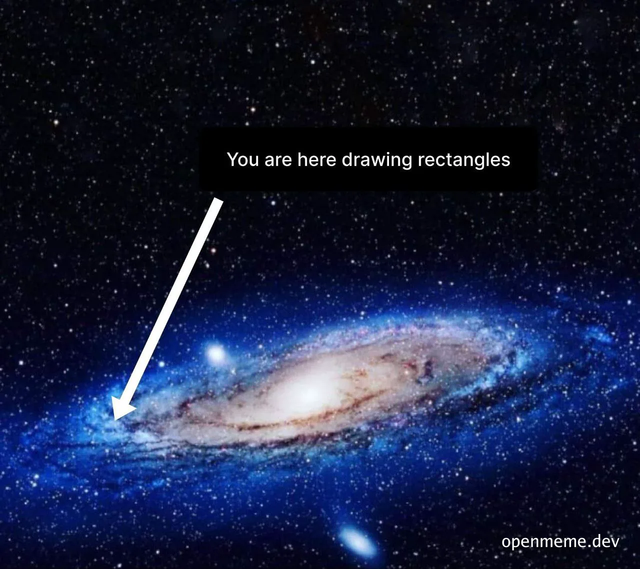galaxy with arrow pointing to a small part and text 'You are here drawing rectangles'
