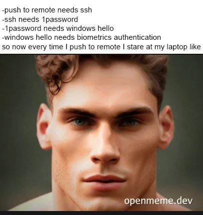a man staring intensely ahead with a list of authentication steps above him