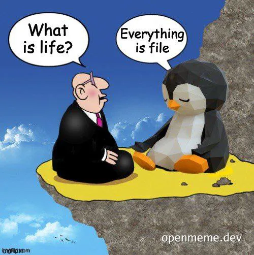 Cartoon of a man and a penguin on a cliff with speech bubbles