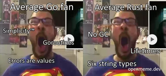 Two side-by-side images of a man with glasses and a blue shirt with a Superman logo, reacting with a shocked expression. One image is labeled 'Average Go fan' and the other 'Average Rust fan', each with different programming-related text overlaid.