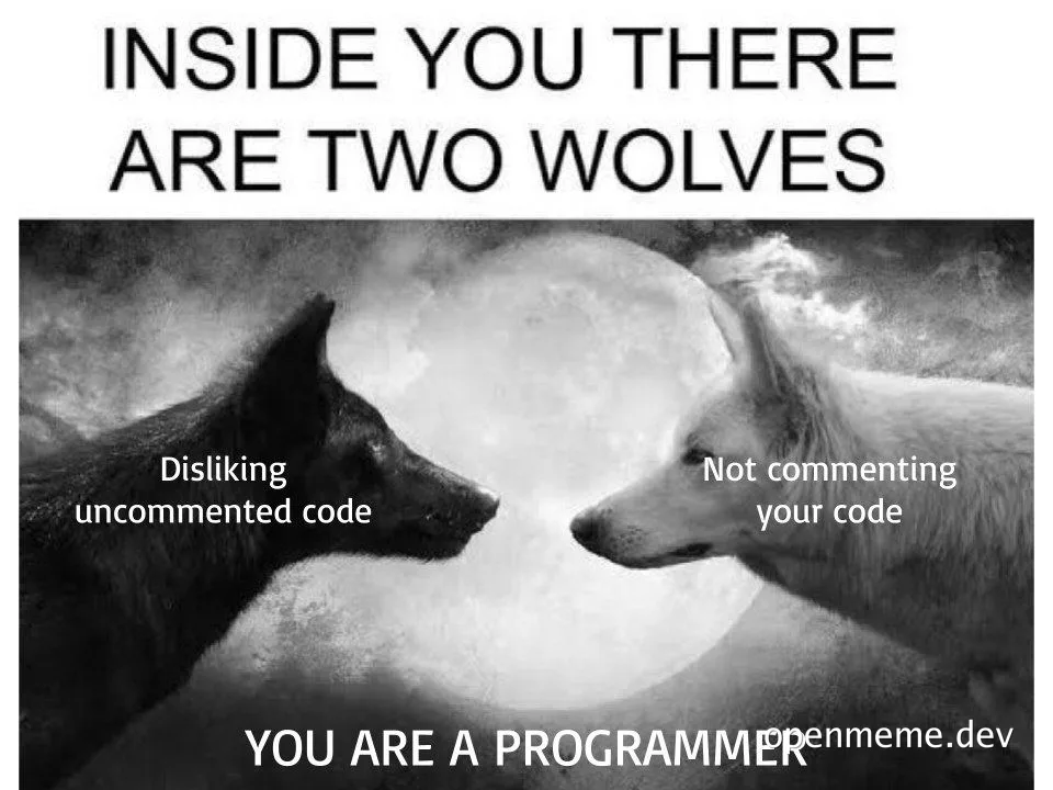 Two wolves represent a programmer's conflicting desires to dislike uncommented code and not comment their own code