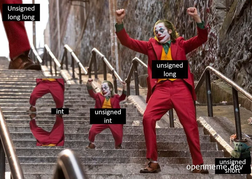 Joker dancing on stairs with data type labels