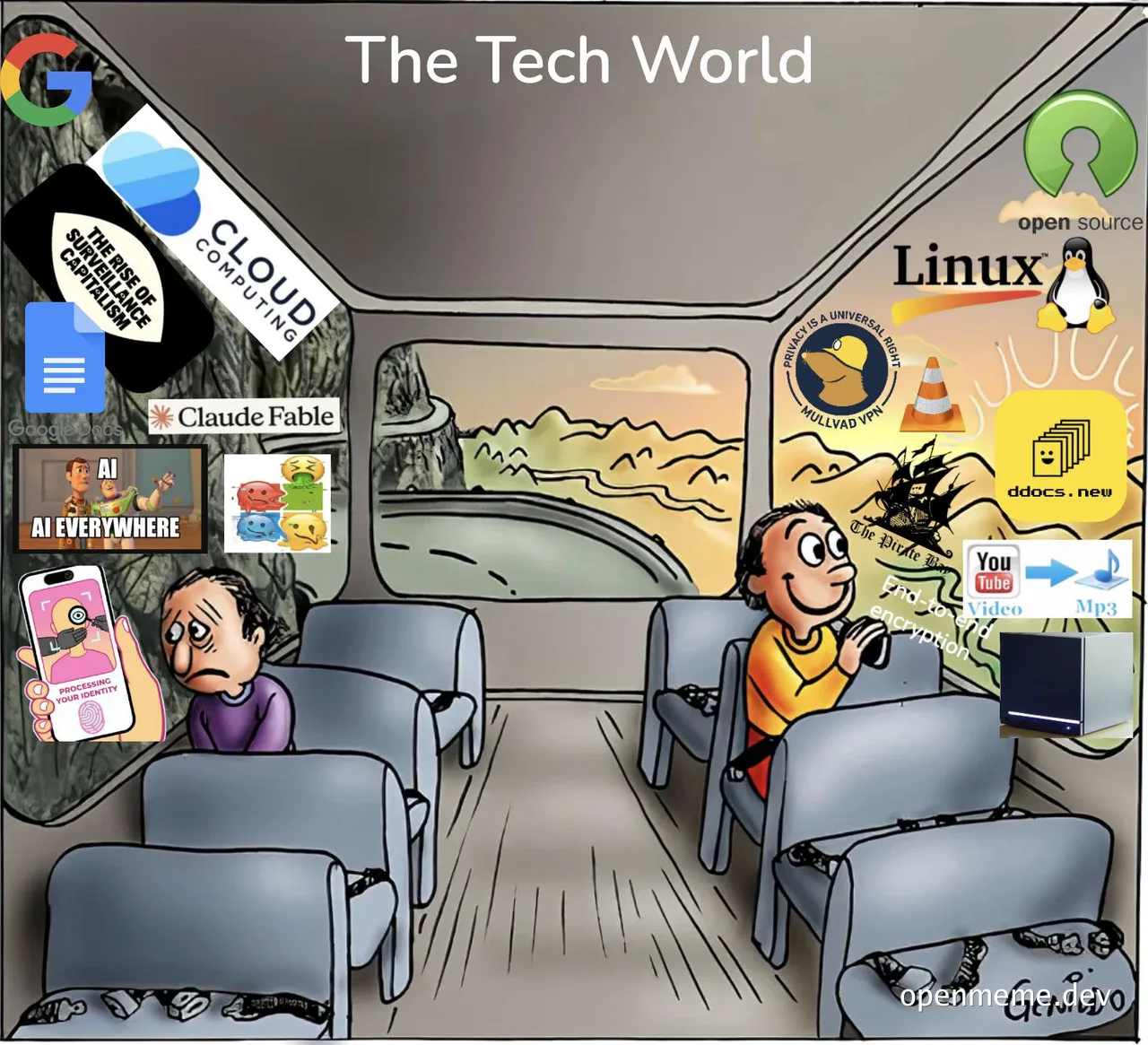 Cartoon of two people on a bus with tech company logos and AI surveillance