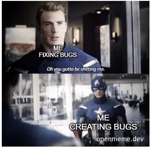 meme of captain america reacting to fixing and creating bugs