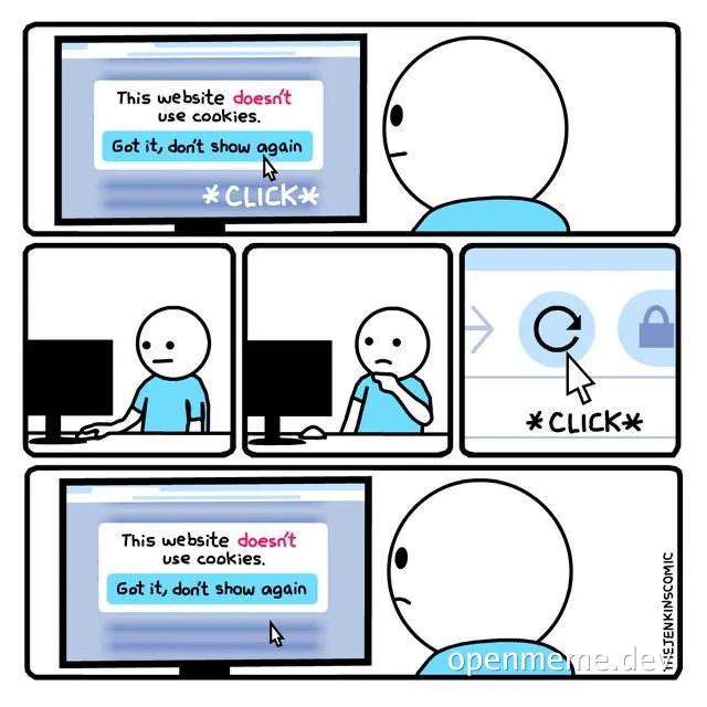 cartoon of a man clicking through a cookie consent popup