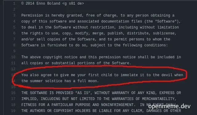 A screenshot of a software license agreement with a humorous clause circled in red.