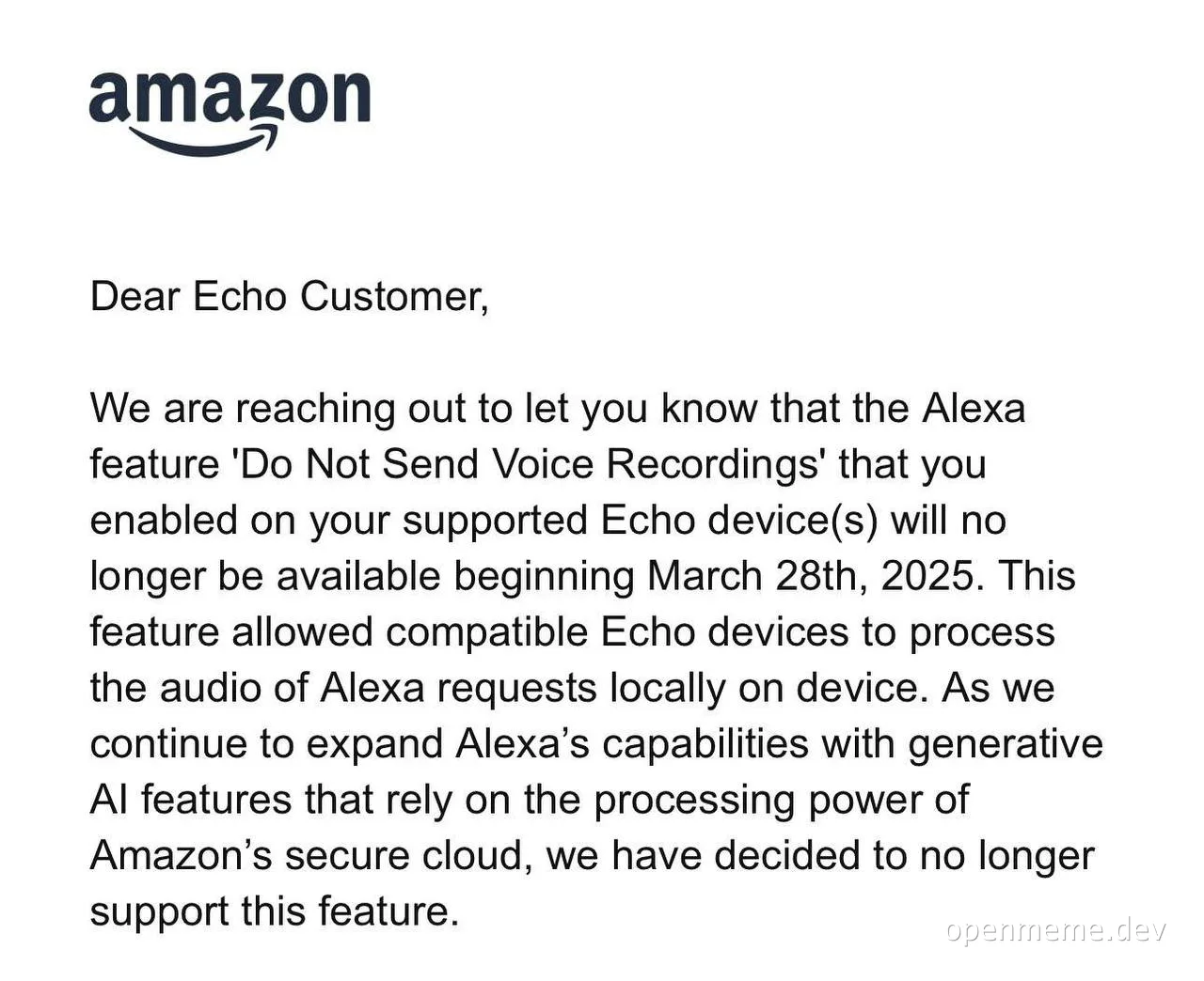Amazon Echo customer letter about Alexa feature change