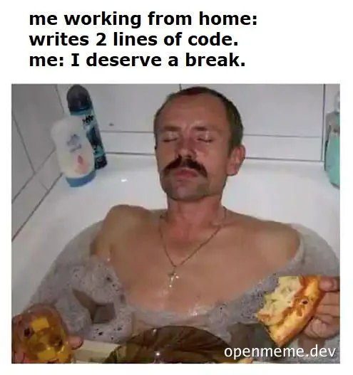 man in bathtub with pizza, relaxing after writing code