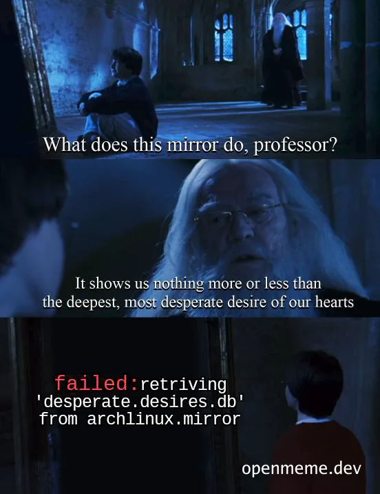 Harry Potter scene with Dumbledore explaining a magic mirror, with a humorous twist about a failed database retrieval