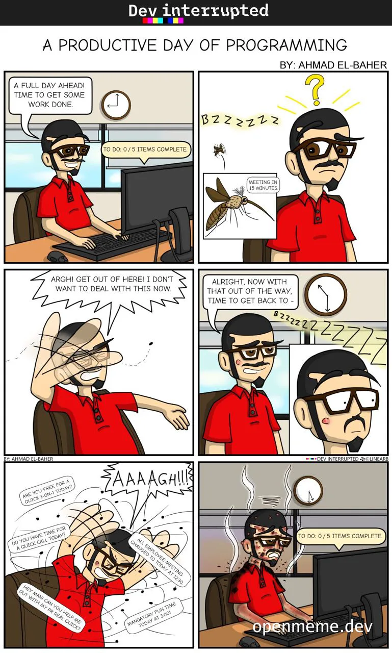 cartoon of a man trying to code but constantly interrupted