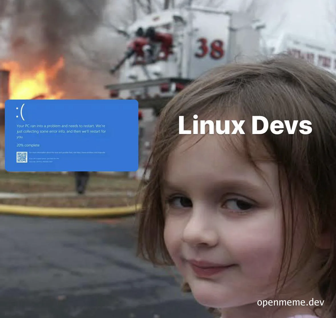 Linux Devs meme with a girl and a burning building in the background and a blue Windows error screen