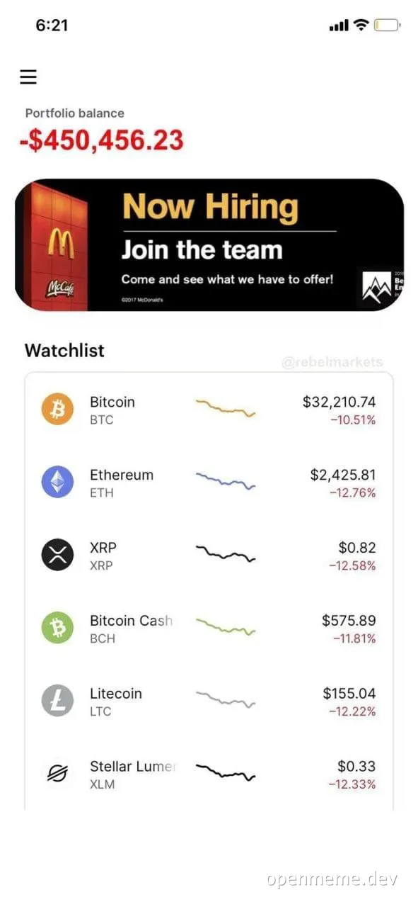 Crypto portfolio balance down $450,456.23, McDonald's now hiring
