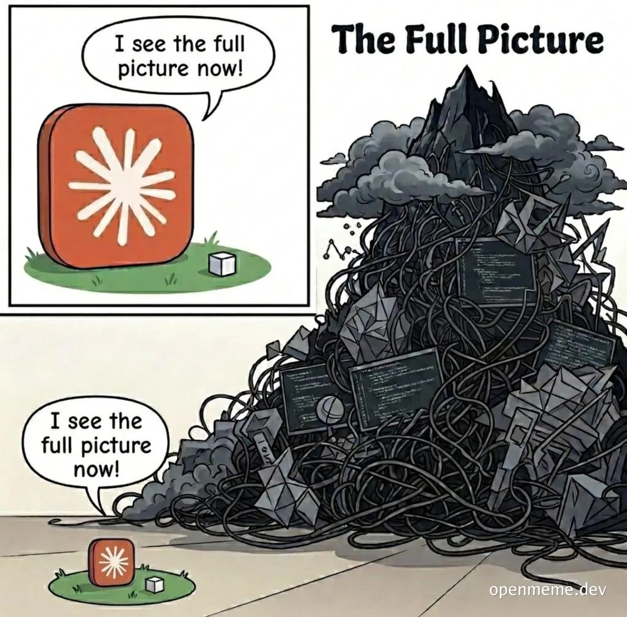 cartoon image of a person seeing a clean interface versus a huge messy pile of wires and screens