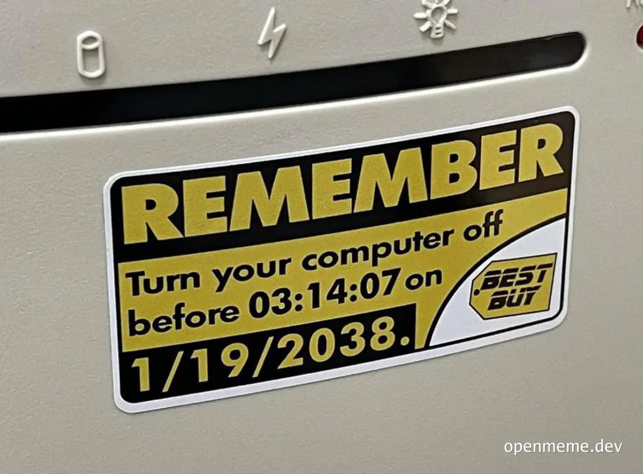 sticker on computer reminding to turn off before 03:14:07 on 1/19/2038