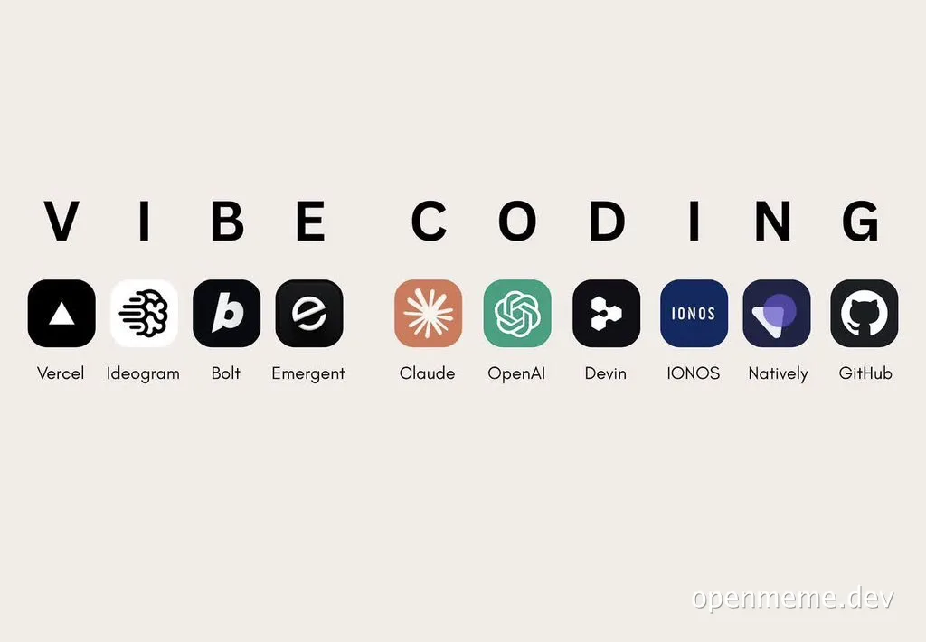 Vibe coding title above logos of Vercel, Ideogram, Bolt, Emergent, Claude, OpenAI, Devin, IONOS, Natively, and GitHub