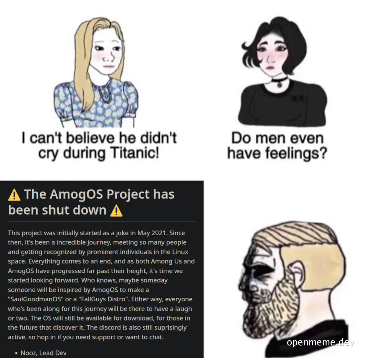 AmogOS shutdown meme with two girls and a man