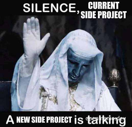 Statue of a religious figure with hand raised, with text 'SILENCE, CURRENT SIDE PROJECT A NEW SIDE PROJECT is talking'