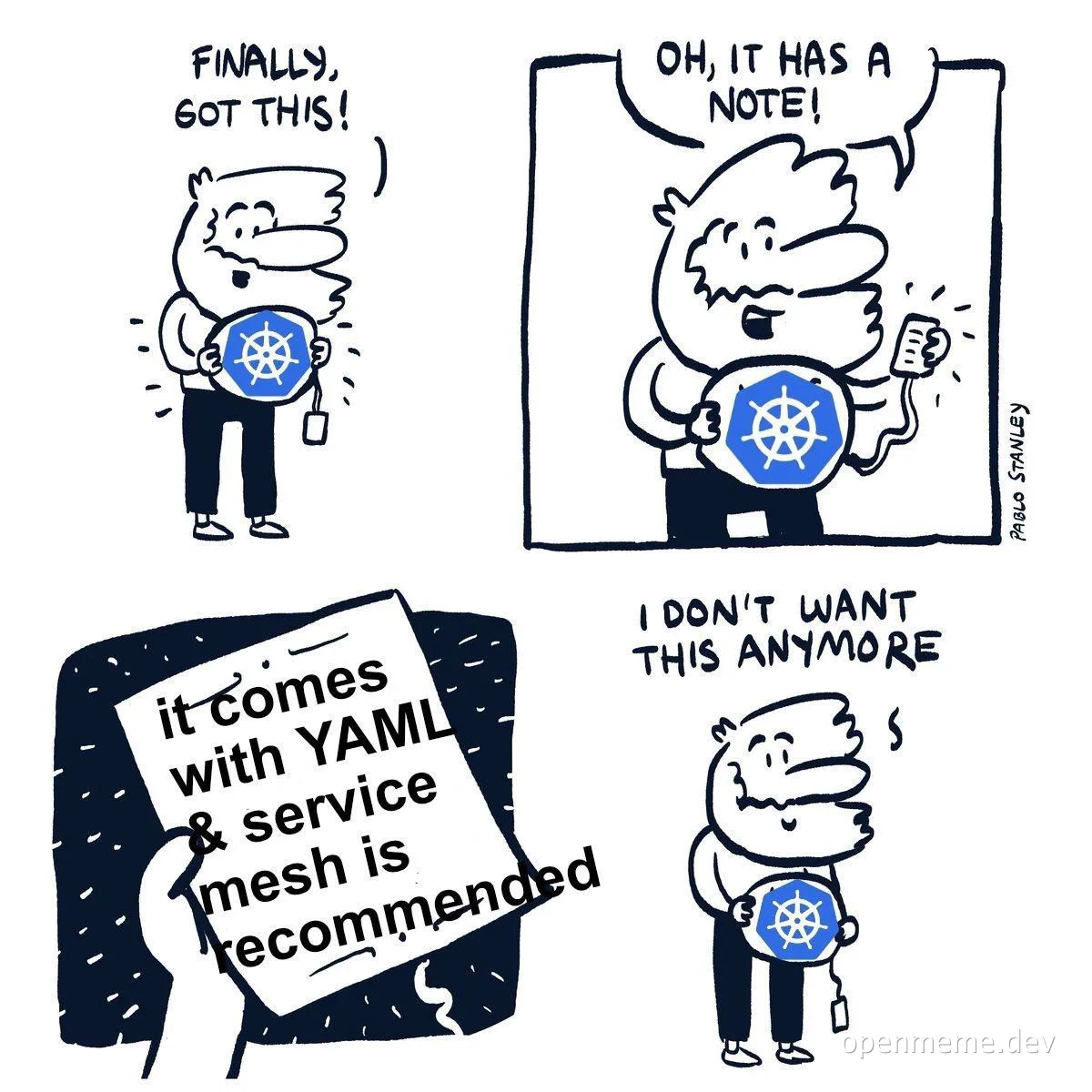 Kubernetes logo meme about YAML and service mesh