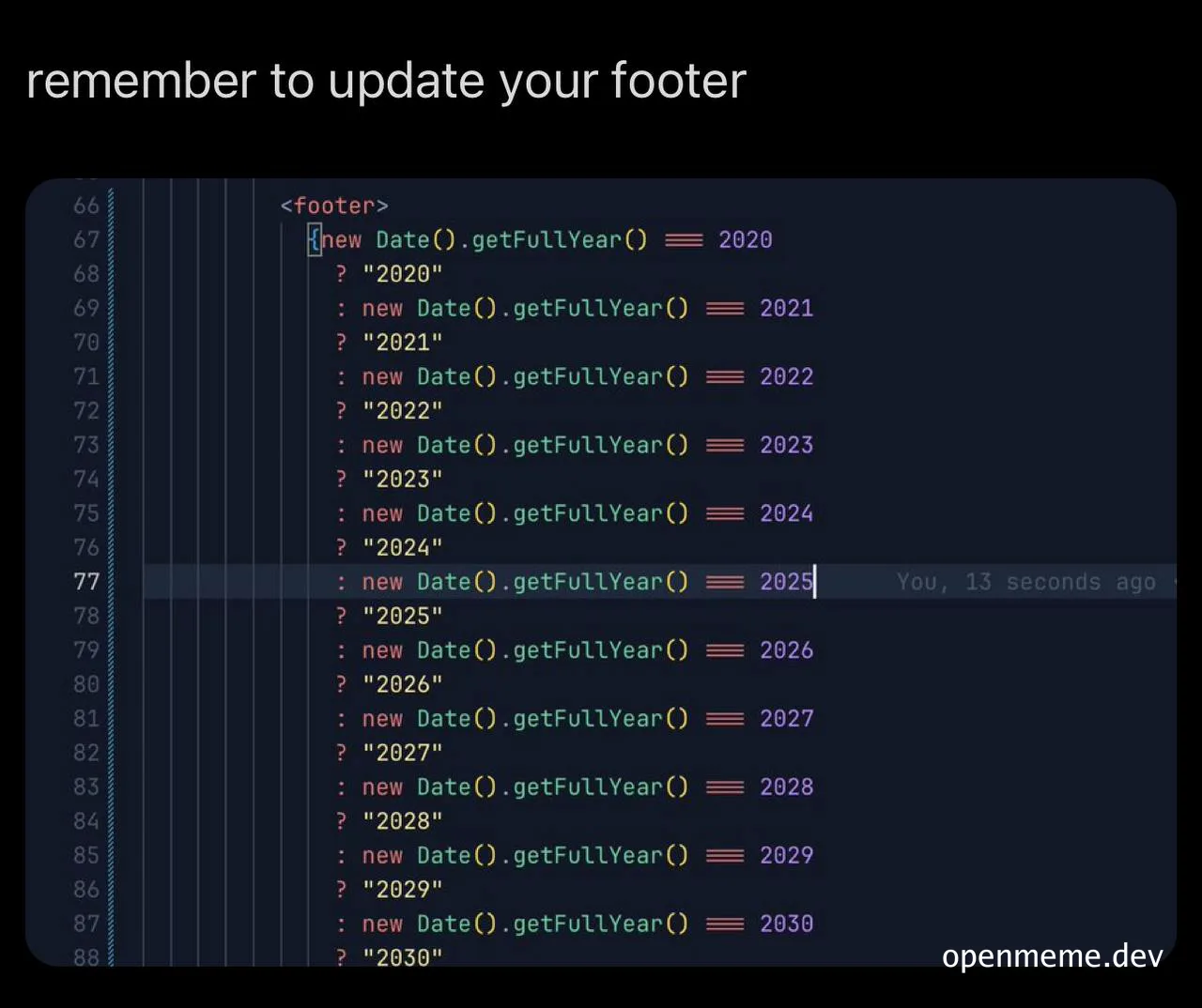 code snippet with outdated year in footer