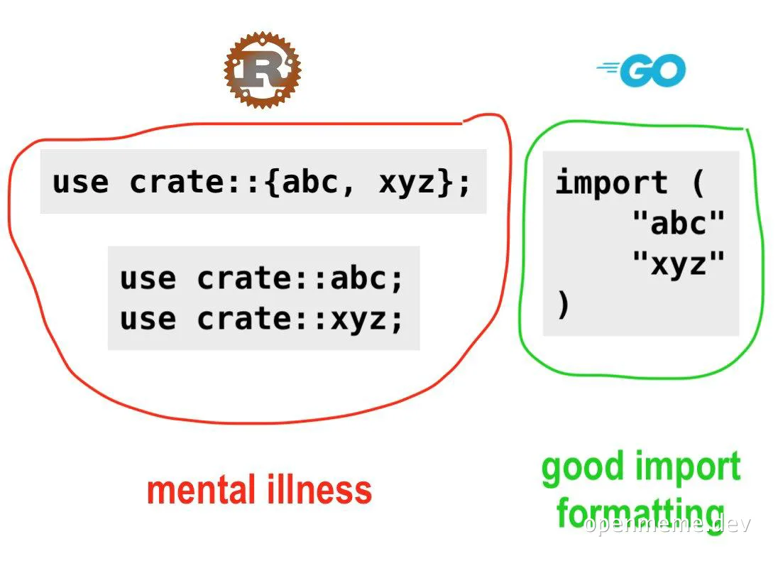 rust vs go import formatting meme