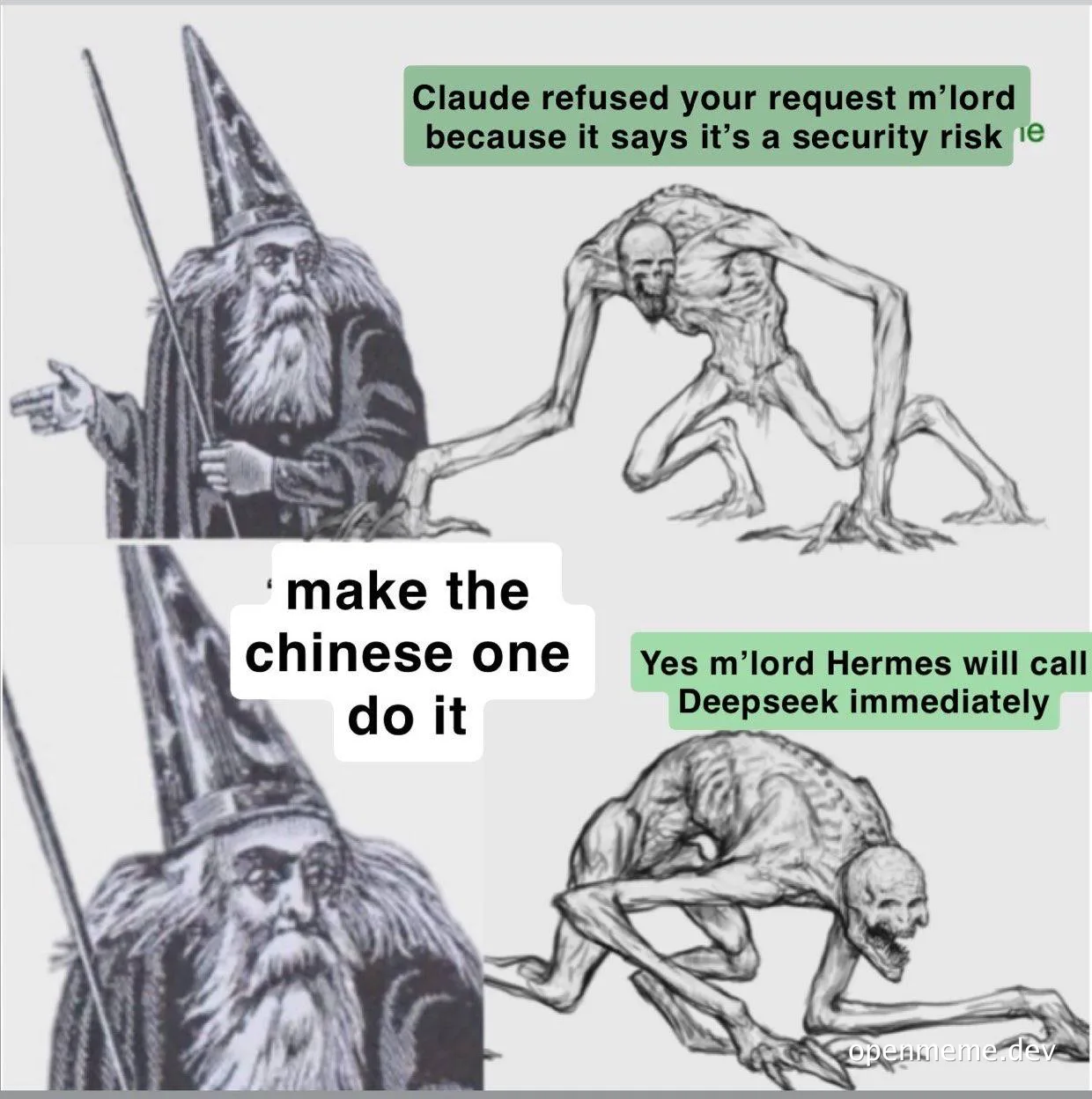 Wizard meme where a servant reports that Claude refused a request citing a security risk, and the wizard orders the servant