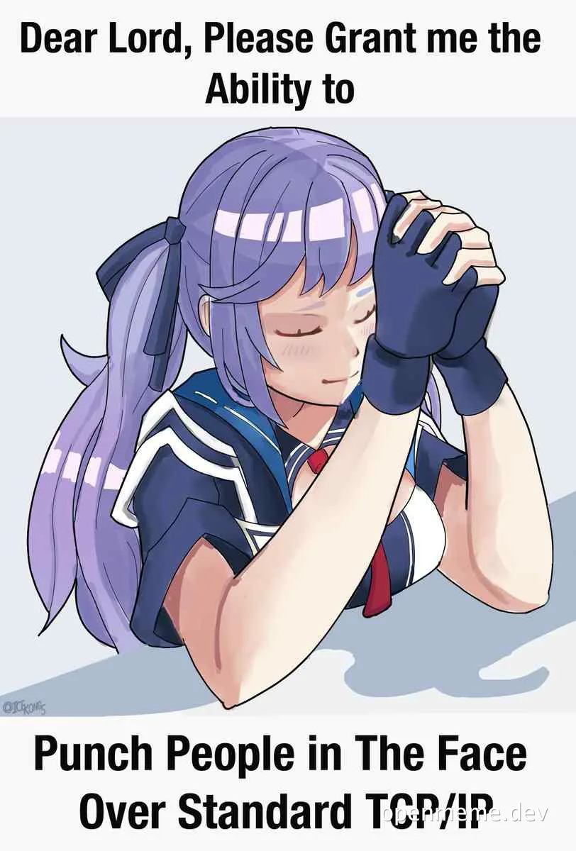 Anime character praying with caption 'Dear Lord, Please Grant me the Ability to Punch People in The Face Over Standard TCP/IP'