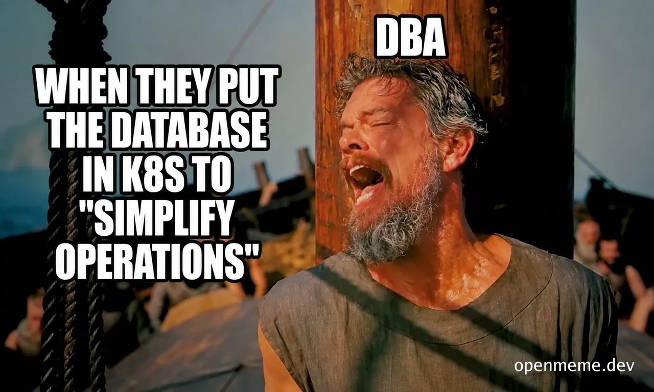 Meme of a man screaming while tied to a post, labeled DBA, reacting to putting the database in K8s to simplify operations.