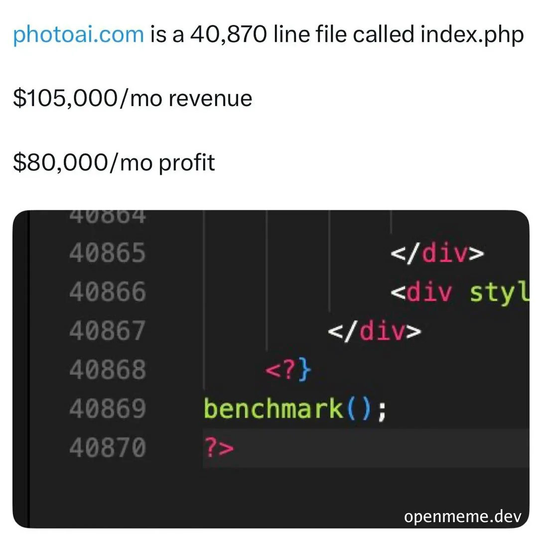 Meme of a large PHP file with revenue and profit figures