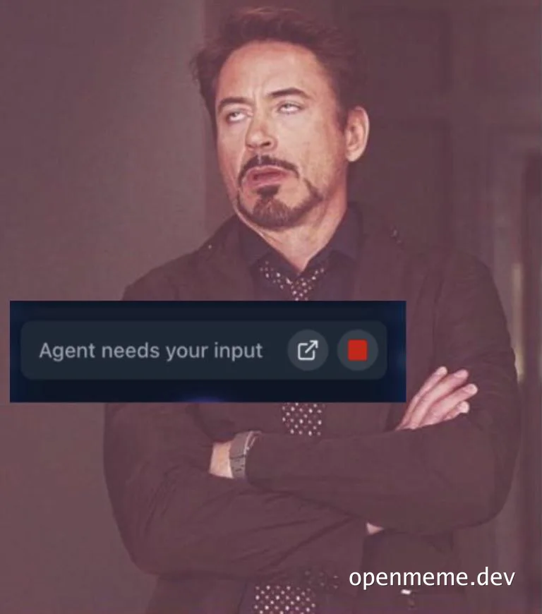 Robert Downey Jr. with arms crossed and a confused expression, with a pop-up window saying 'Agent needs your input'