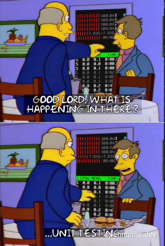 The Simpsons meme: two characters looking at a screen with code output, one pointing and saying 'Good lord! What is happening in there?' and the other responding '...unit testing'