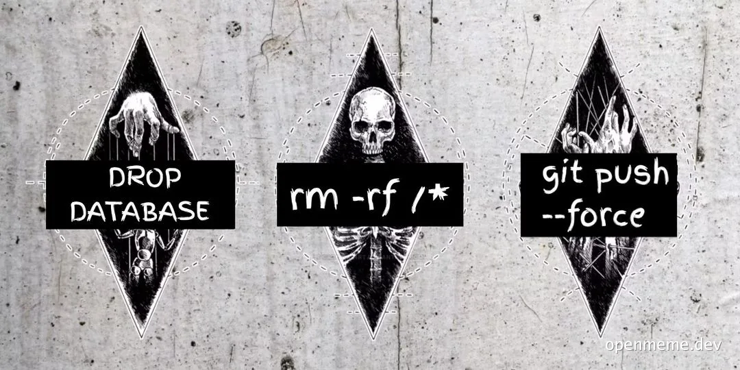 Three black and white illustrations of a hand, skeleton, and hands with text boxes reading 'DROP DATABASE', 'rm -rf /*', and 'git push --force'
