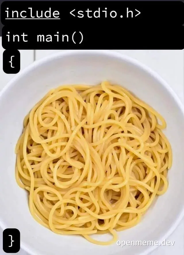 A bowl of spaghetti with a C code snippet above it
