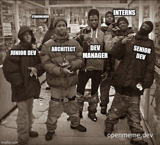 Sepia-toned street gang photo template with IT roles labeled over the group: stakeholders, junior dev, architect, dev
