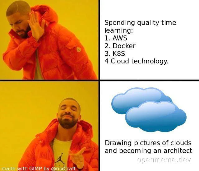 Two-panel reaction meme: top panel rejects spending time learning AWS, Docker, K8S and cloud technology; bottom panel