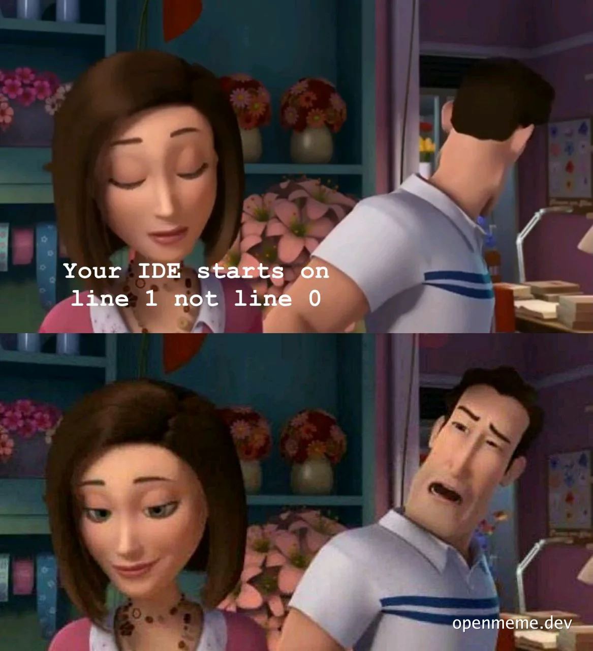 Cartoon characters reacting to an IDE line number joke