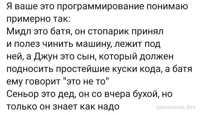 Мем про программирование с шуткой про midl, джун, сеньор и их роли
