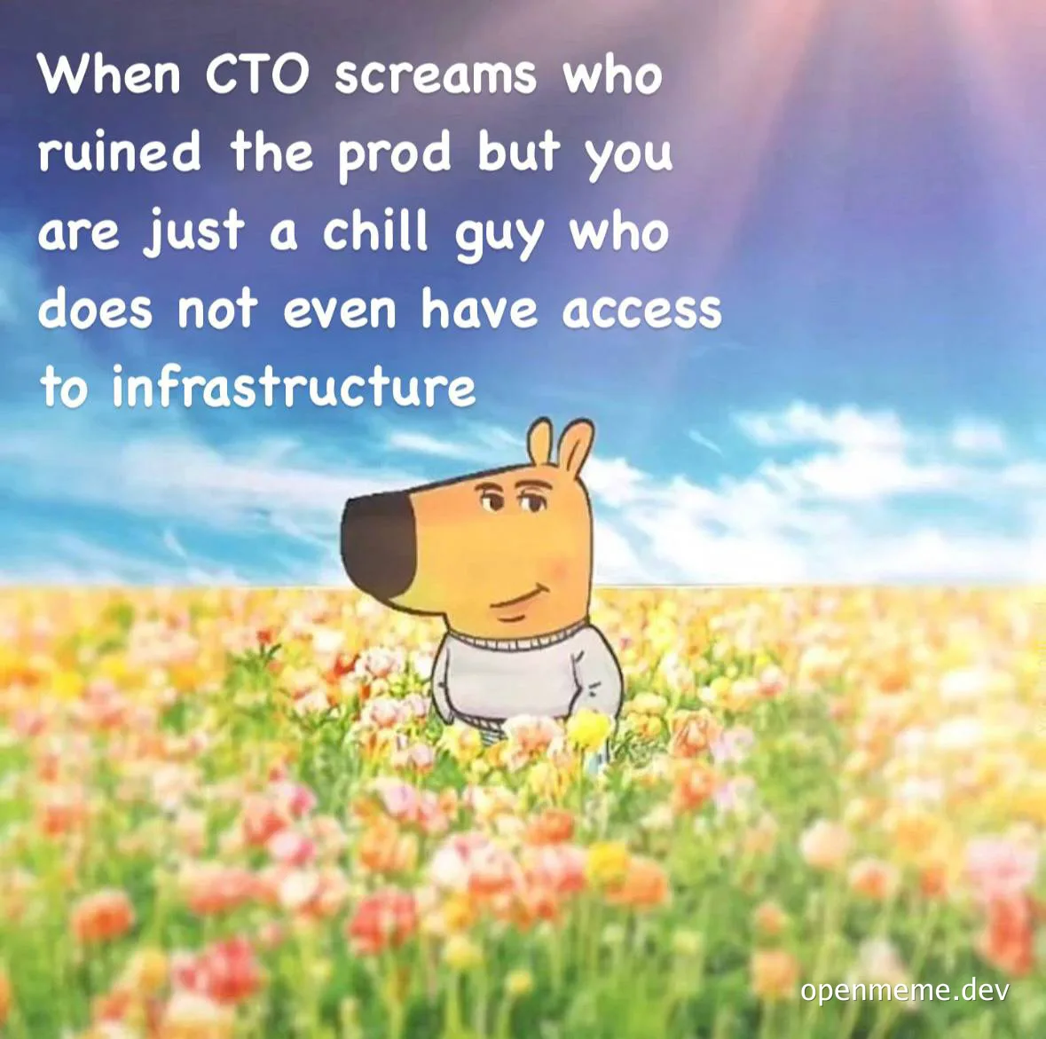 chill guy meme when cto screams who ruined prod
