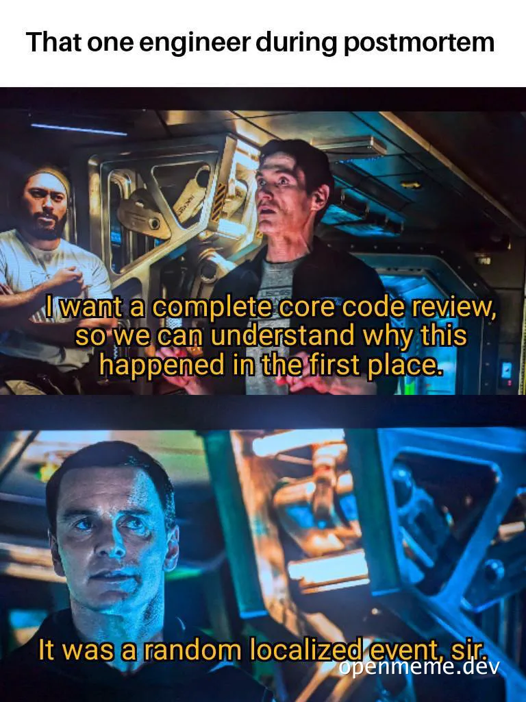 meme of two engineers discussing code review during postmortem