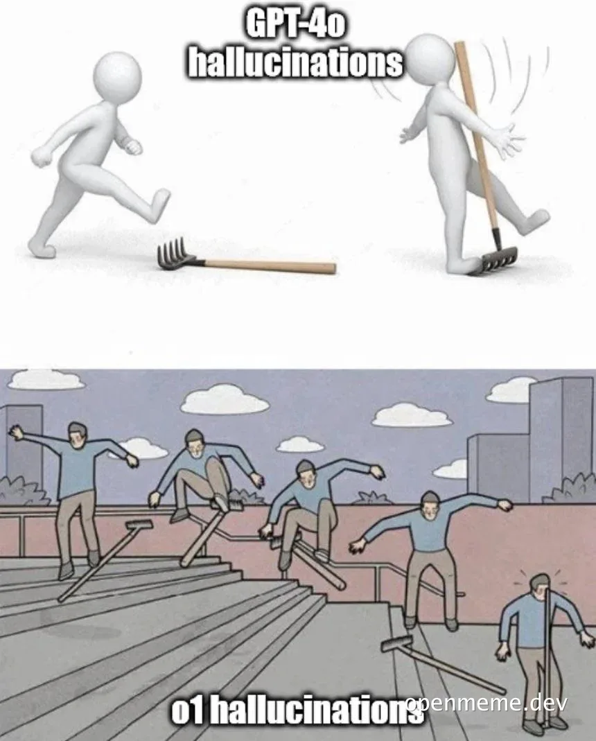 Two-panel comparison meme: top shows a white 3D stick figure tripping over a rake labeled 'GPT-4o hallucinations'; bottom