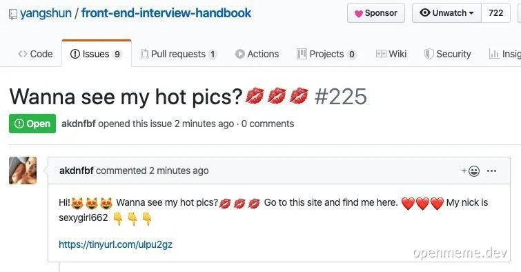 GitHub issue with humorous comment about sharing hot pictures