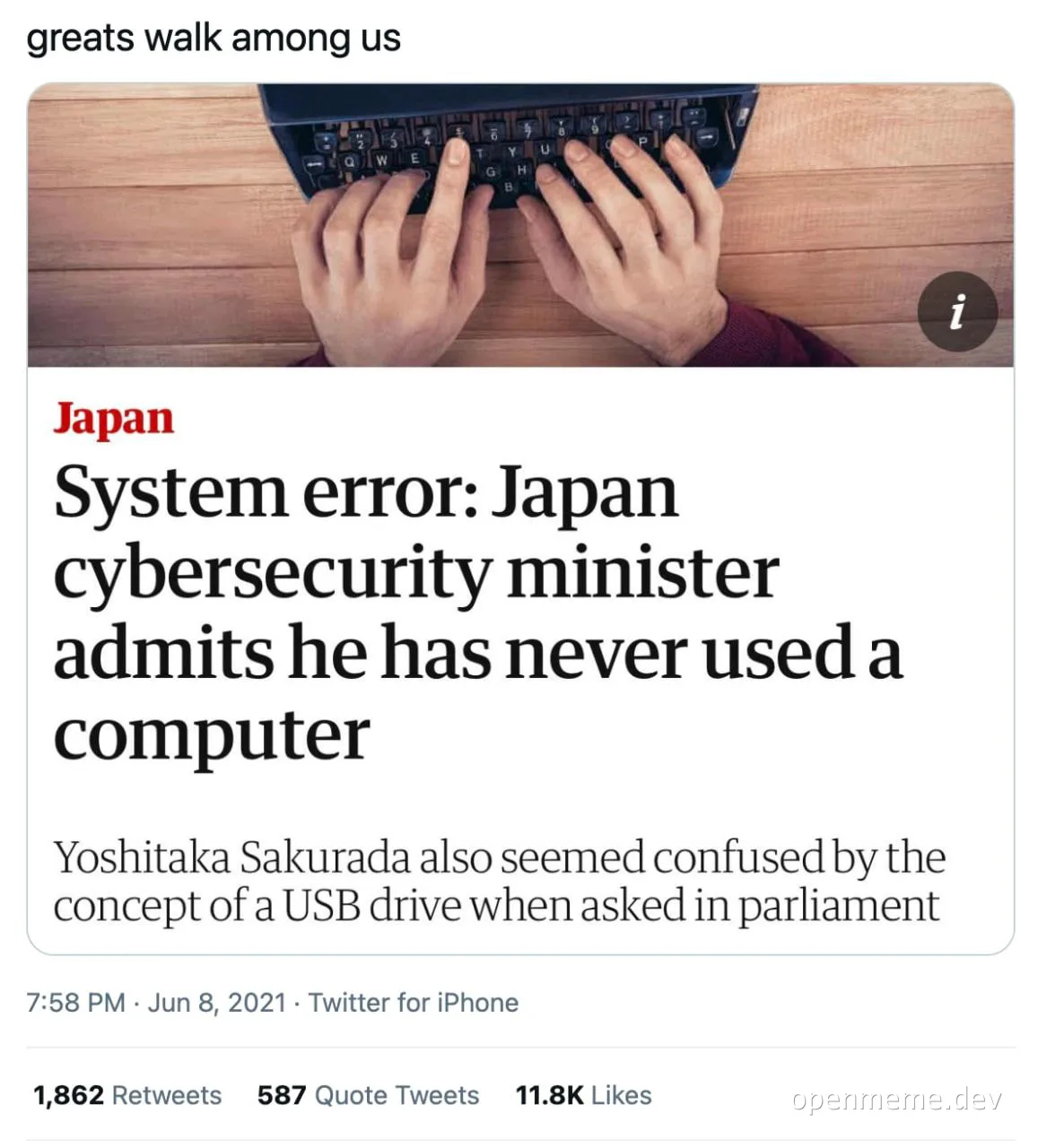 Japanese cybersecurity minister admits to never having used a computer