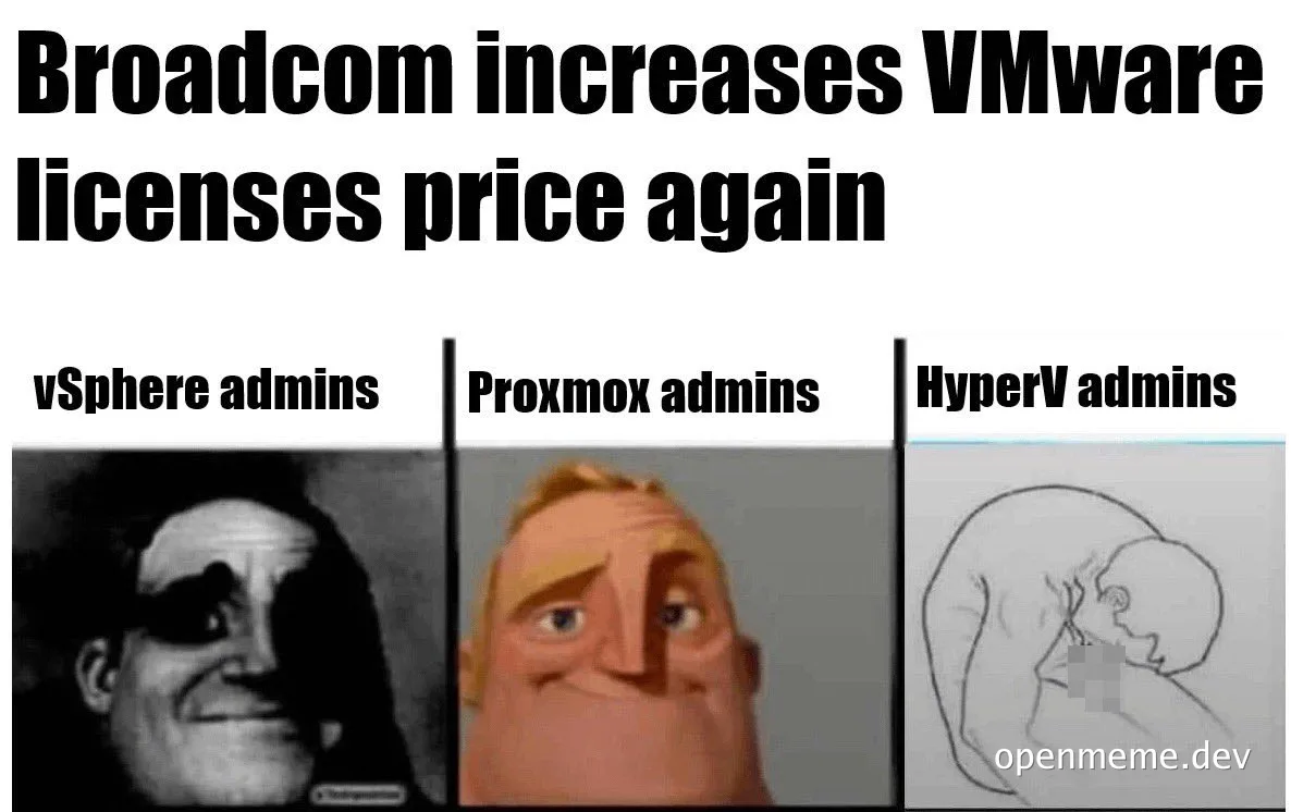 Meme about Broadcom increasing VMware licenses price with reactions of vSphere, Proxmox, and HyperV admins